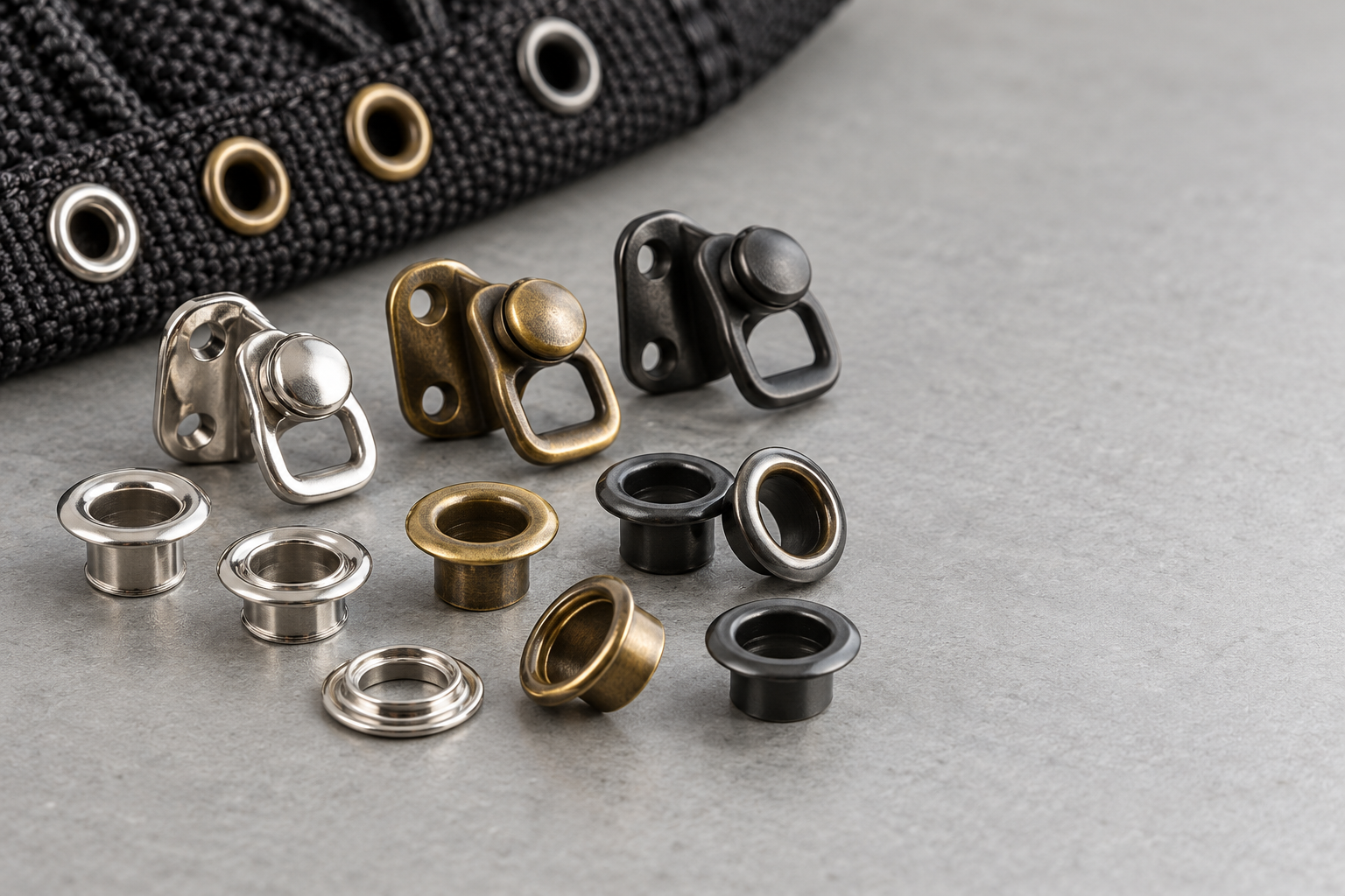 Editorial illustration of footwear eyelets and speed hooks in several metal finishes