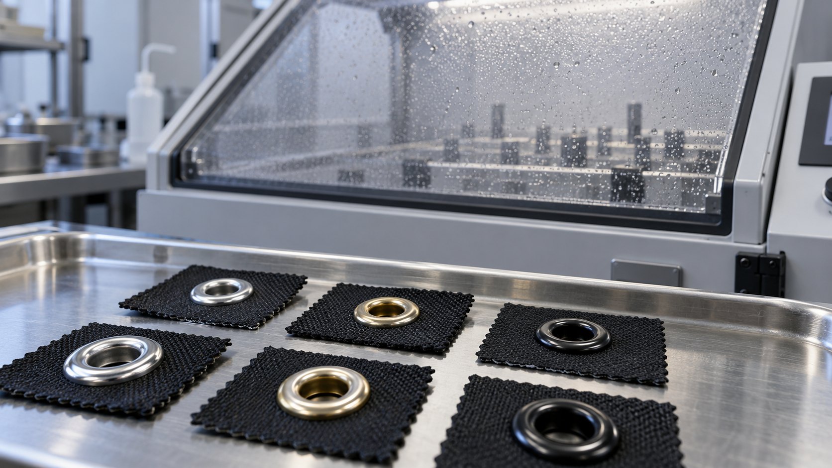 Illustrative shoe eyelet samples beside a salt spray chamber