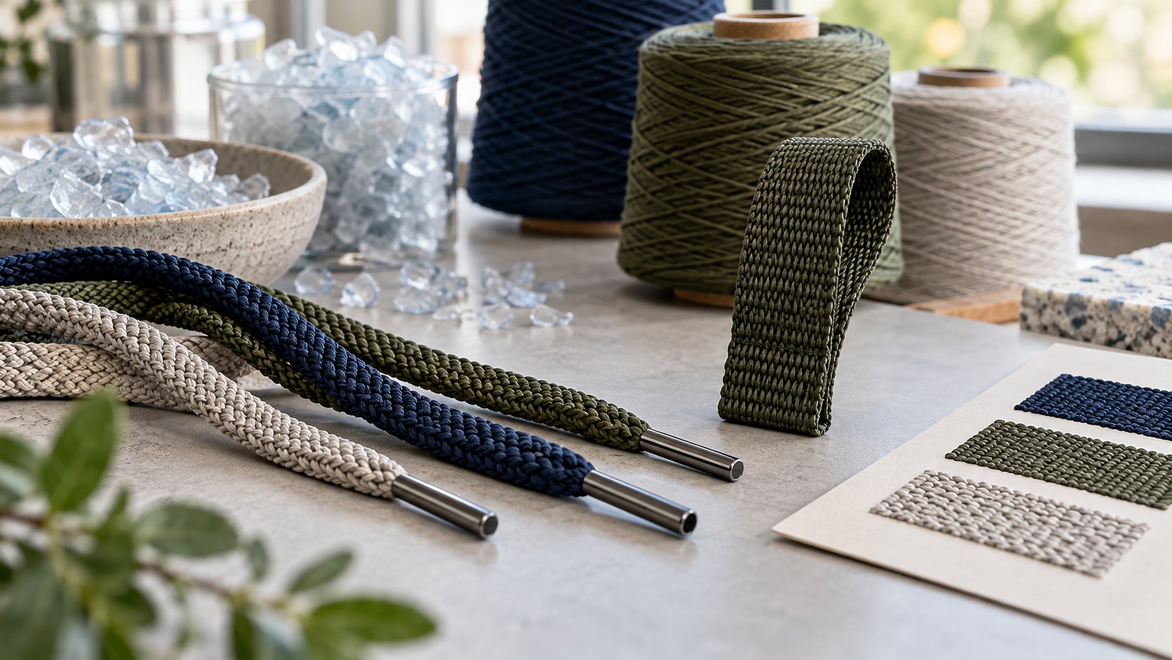 Illustrative recycled-content shoelaces and woven heel pull tab