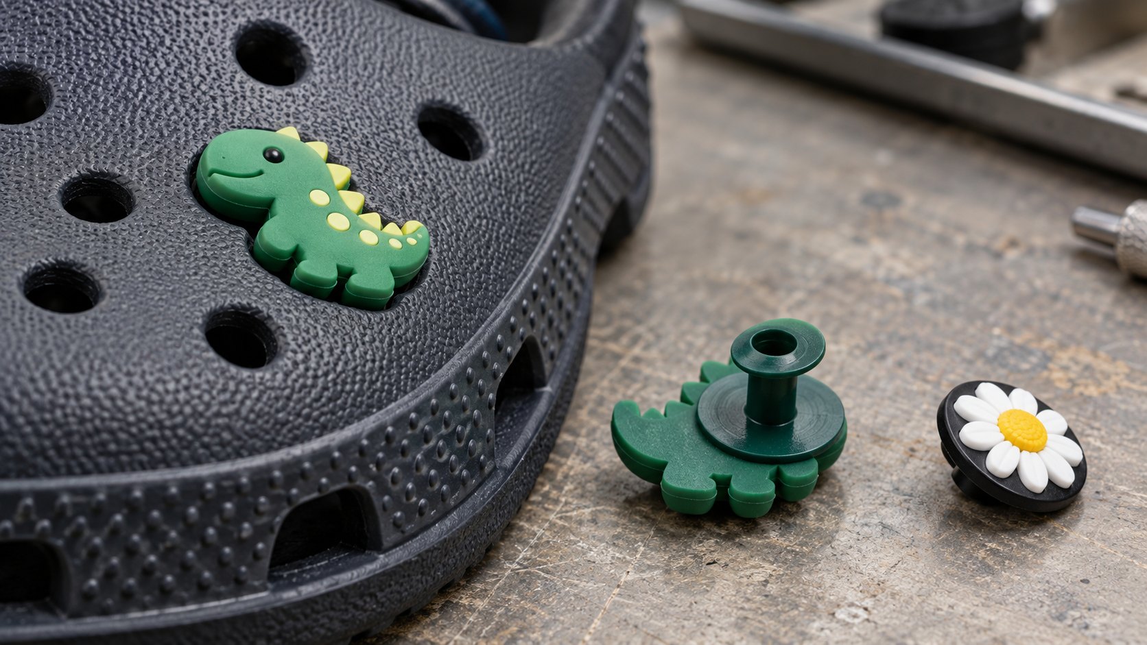 Illustrative in-mold shoe charm attachment and separate button sample