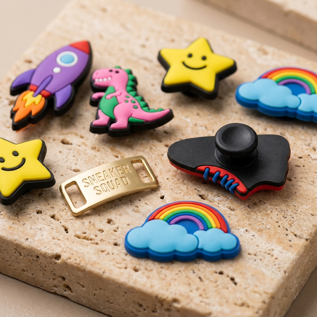 Decorative footwear charm and attachment concepts on a neutral surface