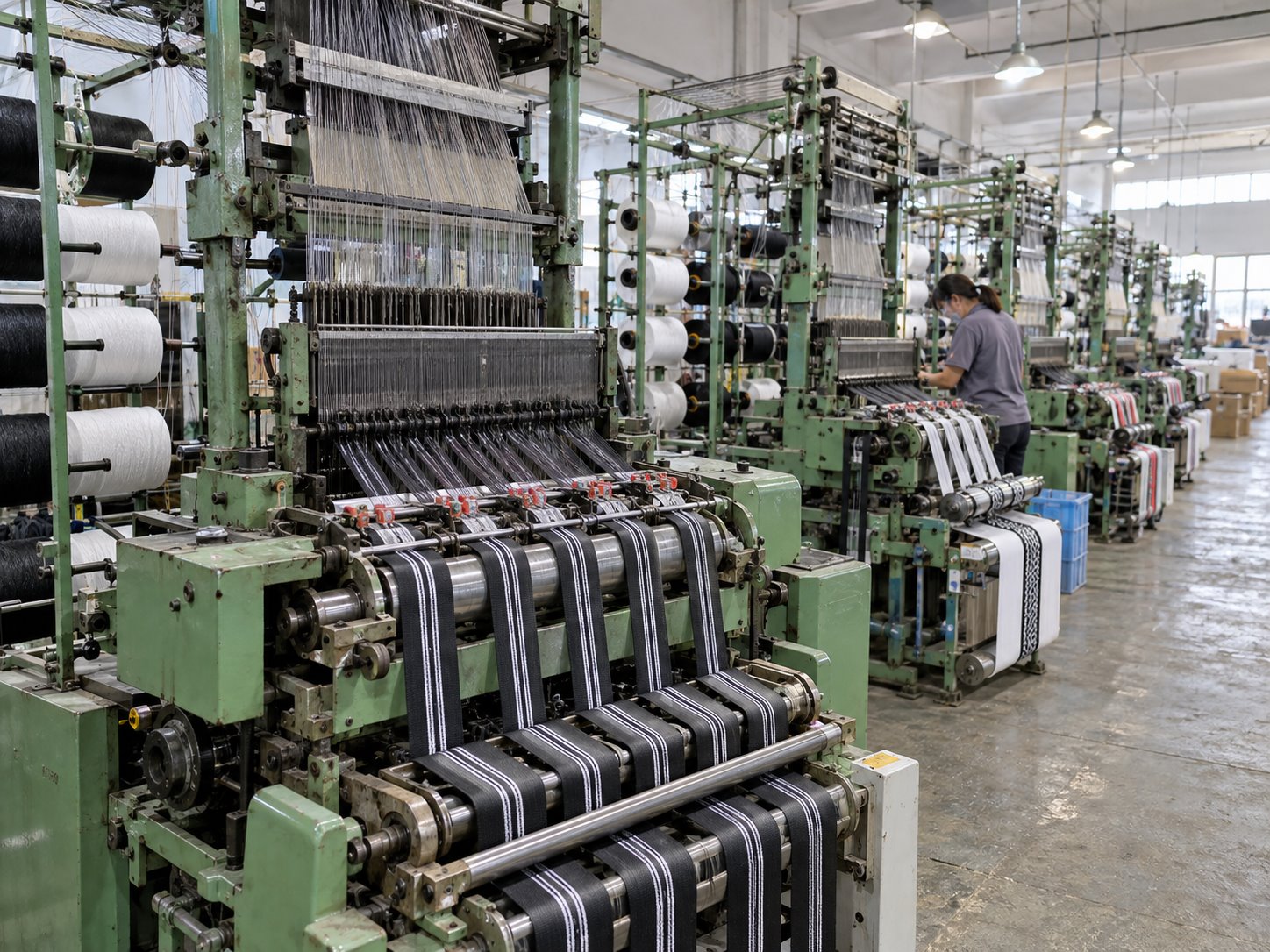 Illustrative narrow fabric weaving workshop with looms producing tapes